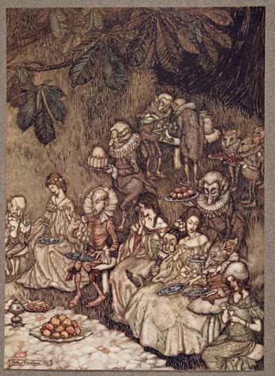 Die Feen sitzen auf Pilzen und sind anfangs gut erzogen, aus Peter Pan in Kensington Gardens von J. M. Barrie (1860 - 1937), veröffentlicht 1906 von Arthur Rackham