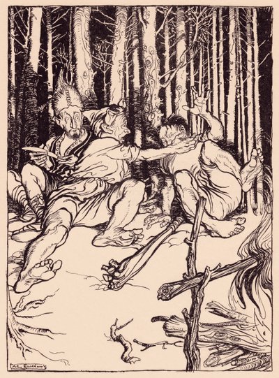 Der Riese gab dem, der neben ihm saß, eine Ohrfeige. Illustration von Arthur Rackham aus Grimms Märchen Der geschickte Jäger. von Arthur Rackham
