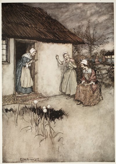 Die guten Frauen des Dorfes versäumten es nie, bei ihren abendlichen Klatschereien die ganze Schuld auf Dame Van Winkle zu schieben., aus Rip Van Winkle von Washington Irving, veröffentlicht 1910 von Arthur Rackham