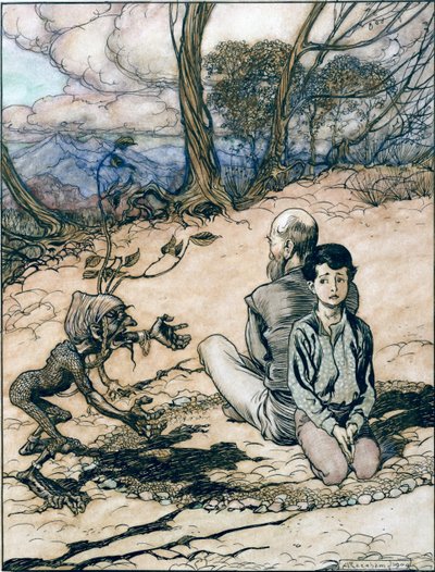 Der Sohn machte einen Kreis, und sein Vater und er nahmen Plätze darin ein, und der kleine schwarze Mann erschien, Illustration aus Der König vom goldenen Berg in Die Märchen der Brüder Grimm von Arthur Rackham