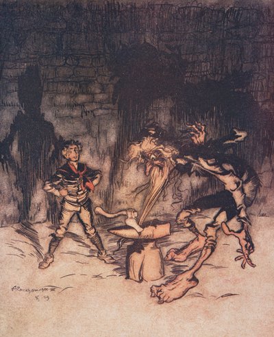 Der Jüngling nahm die Axt und spaltete den Amboss mit einem Schlag, wobei er gleichzeitig den Bart des alten Mannes erwischte, aus Die Märchen der Brüder Grimm, veröffentlicht 1909 von Arthur Rackham