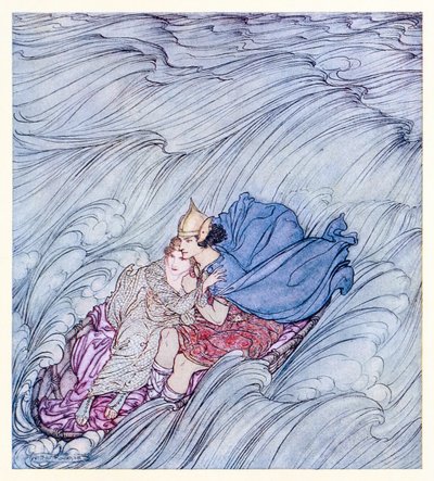 Die Wellen aller Welten schienen in einem riesigen grünen Teppich an ihnen vorbeizuwirbeln aus Becuma of the White Skin in Irish Fairy Tales von Arthur Rackham