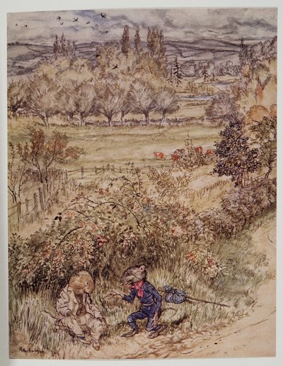 Der Wanderer grüßte mit einer höflichen Geste, die etwas Fremdes an sich hatte, aus Wind in den Weiden von Kenneth Grahame (1859 - 1932), veröffentlicht 1940 von Arthur Rackham