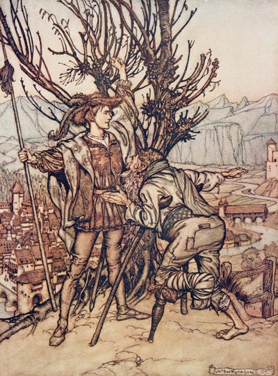 Der junge Prinz sagte: Ich habe keine Angst; ich bin entschlossen, die schöne Dornröschen zu sehen, aus Die Märchen der Brüder Grimm, veröffentlicht 1909 von Arthur Rackham