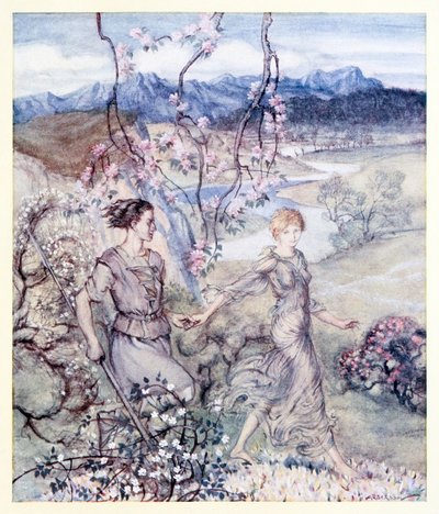 Dann gingen sie [Iollan und Tuiren] Hand in Hand in das Land, das nach Apfelblüten und Honig riecht. aus The Birth of Bran in Irish Fairy Tales von Arthur Rackham