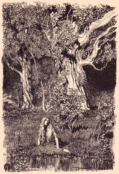 Dort saß sie und hätte lange sitzen bleiben können, wenn es nicht ein Rascheln und Knacken in den Zweigen des nächsten Baumes gegeben hätte. Illustration von Arthur Rackham aus Grimms Märchen Die Gänsemagd am Brunnen. von Arthur Rackham