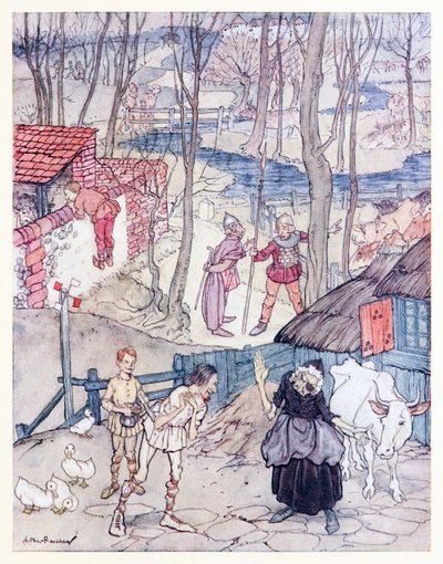 Sie boten eine Kuh für jedes Bein ihrer Kuh, aber sie akzeptierte das Angebot nur, wenn Fiachna für die Zahlung bürgte. aus Mongans Frenzy in Irish Fairy Tales von Arthur Rackham