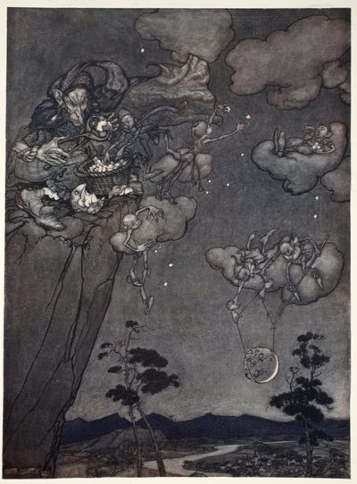 Sie wurden von einem alten Squaw-Geist beherrscht, der die neuen Monde an den Himmel hängte und die alten in Sterne zerschnitt., aus Rip Van Winkle von Washington Irving, veröffentlicht 1910 von Arthur Rackham