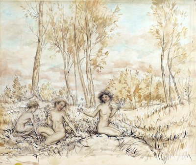Drei Waldnymphen sammeln Blumen von Arthur Rackham