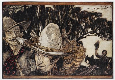 Däumling sitzt auf dem Rand eines Hutes von Arthur Rackham