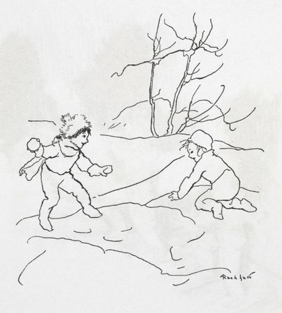 Zwei Kinder, die eine Schneeballschlacht machen von Arthur Rackham