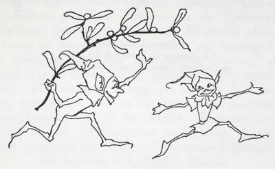 Zwei Elfen spielen, einer trägt einen Mistelzweig von Arthur Rackham