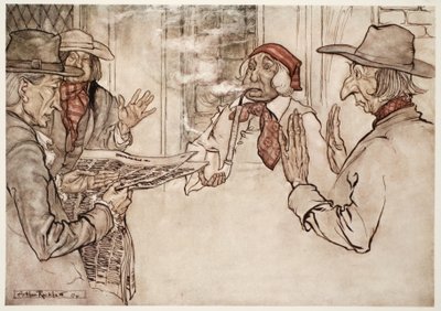 Wenn ihm etwas missfiel, wurde beobachtet, dass er seine Pfeife heftig rauchte und kurze, häufige und wütende Züge ausstieß., aus Rip Van Winkle von Washington Irving, veröffentlicht 1910 von Arthur Rackham