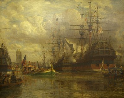 Königin Elizabeth fährt den Avon hinunter, um Hungroad zu besuchen, 1574, 1916 von Arthur Wilde Parsons