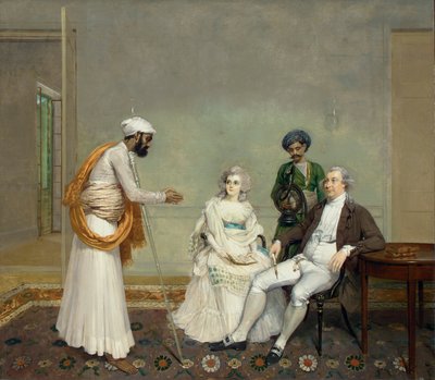 Porträt von Richter Suetonius Grant Heatly und Temperance Heatly mit ihren indischen Dienern, in einem Innenraum in Kalkutta, ca. 1786 von Arthur William Devis