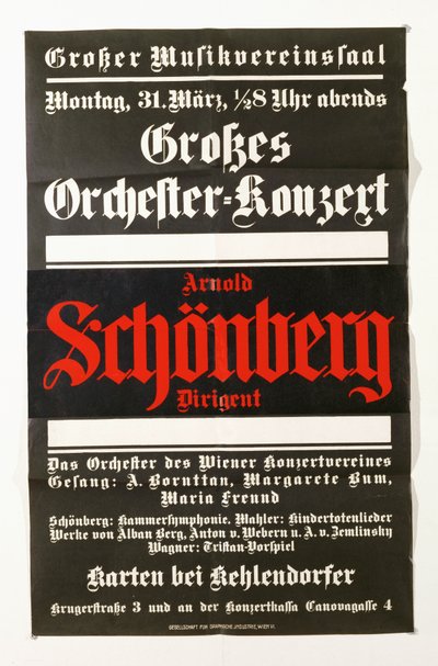 Ein Plakat, das ein Konzert mit Werken von Schönberg ankündigt von Artist Unknown