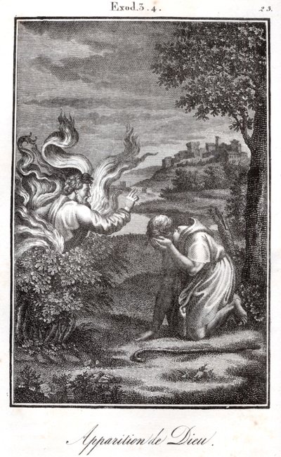Bibel, Moses und der brennende Dornbusch Gott erscheint Moses aus einem brennenden Busch. von Artist Unknown