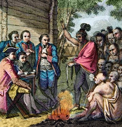 Rat des britischen Generals Henry Bouquet mit den Ureinwohnern während des Pontiac-Krieges von Artist Unknown