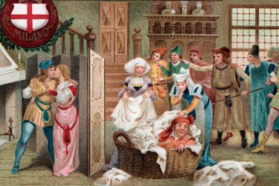 Falstaff versteckt im Wäschekorb, Akt II Szene 2 aus der Oper Falstaff von Giuseppe Verdi von Artist Unknown