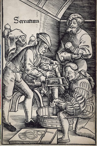 Gersdorff, Hans von (1455 - 1529). Deutscher Chirurg. Amputation eines Beins. Holzschnitt von Hans Wechtlin für das Buch „Feldtbuch der Wundarzney“ (Feldbuch der Chirurgie) von Artist Unknown