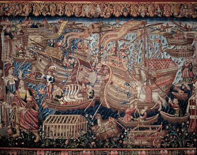 Der portugiesische Navigator Vasco da Gama (1459-1524) kam 1498 in Calicut in Indien an (Detail, Wandteppich) von Artist Unknown