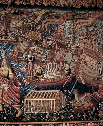 Der portugiesische Navigator Vasco da Gama (1459-1524) kam 1498 in Calicut in Indien an, Detail, Wandteppich von Artist Unknown