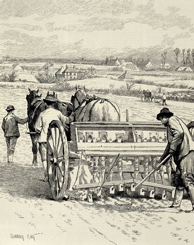 VEREINIGTES KÖNIGREICH. ENGLAND. Industrielle Revolution. Bohrmaschine erfunden von Jethro Tull. Gerste säen im Februar. Zeichnung von Gunning King, veröffentlicht in „The Illustrated London News“. Stich. von Artist Unknown