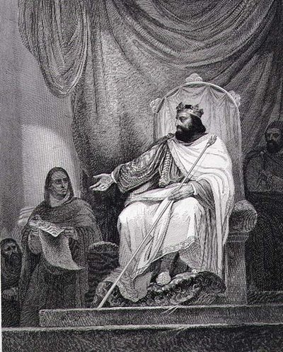 Karl der Große (742-814) erlässt das Kapitular von Herstal im Jahr 779, gestochen von Leclerc von Ary (after) Scheffer