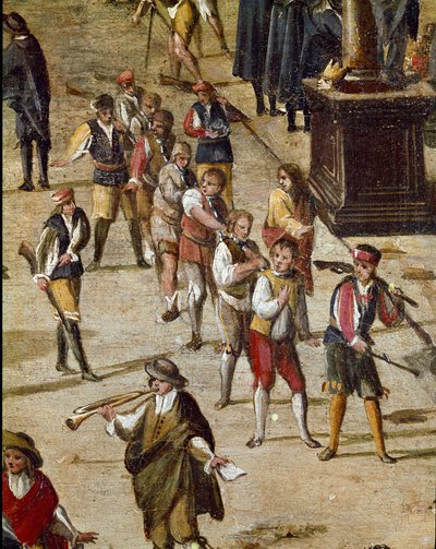 Platz des Gerichts der Vicaria in Neapel zur Zeit der Revolution von Masaniello. Kriminelle werden vor dem Eingang gerichtet - Detail, das eine Gruppe von Verurteilten zeigt, die am Hals gekettet sind - Gemälde von Ascanio Luciani (ca. 1621-1706) Neapel, M von Ascanio Luciani