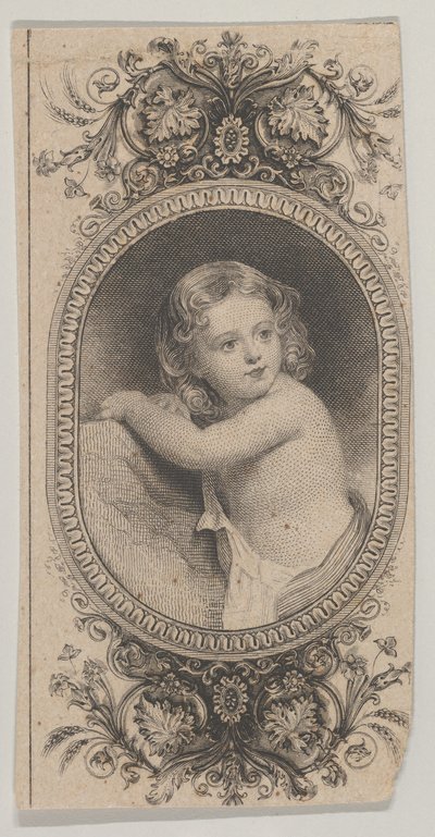 Banknotenmotiv: Porträt eines Kindes und zwei gemusterte Ovale umgeben von einem floralen Muster, ca. 1824-37 von Asher Brown Durand.