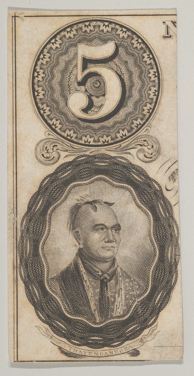 Banknotenmotive: die Zahl 5 und ein Porträt von Thayendanegea von Asher Brown Durand.
