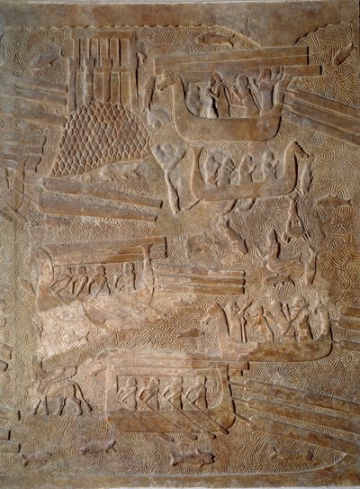 Kunst Mesopotamien (Assyrien): Hof des Palastes des Königs von Assyrien Sargon II. (721 - 705 v. Chr.) Transport von Zedernholz aus dem Libanon. Paris, Musée du Louvre von Assyrian