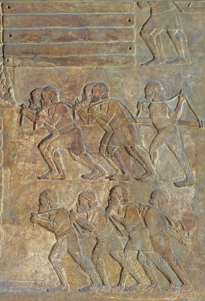 Detail eines Reliefs, das das Aufstapeln von Holz am Ufer vor dem Transport über das Meer darstellt, aus dem Palast von Sargon II., Khorsabad, Irak von Assyrian