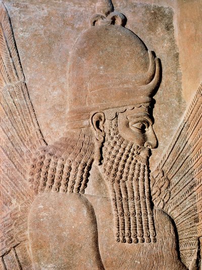 Detail eines Alabasterreliefs, das einen schützenden geflügelten Genie darstellt, aus dem Palast von Sargon II. (Dur Sharrukin), König von Assyrien in Khorsabad, Irak. 722-705 v. Chr. von Assyrian