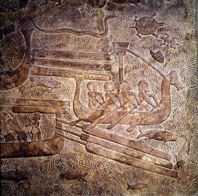 Seefahrtsexpedition: Holztransport aus dem Libanon entlang der phönizischen Küste. Darstellung eines phönizischen Schiffes mit einer Reihe von Ruderern. Basrelief von Khorsabad, 8. Jahrhundert v. Chr. Neuassyrische Periode, Mesopotamien. Louvre Museum von Assyrian