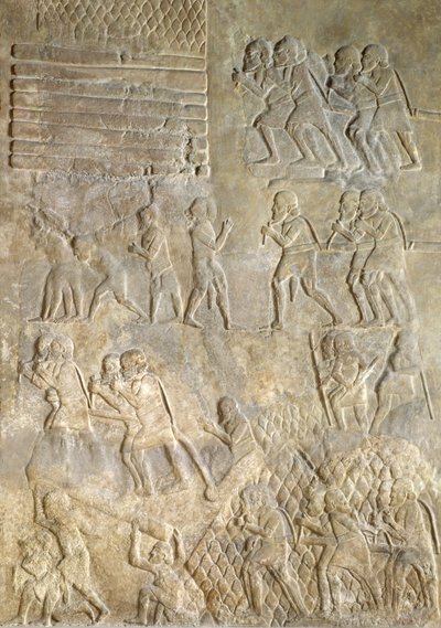 Relief, das Träger zeigt, die Holz zur Küste für den Seetransport bringen. aus dem Palast von Sargon II., Khorsabad, Irak von Assyrian