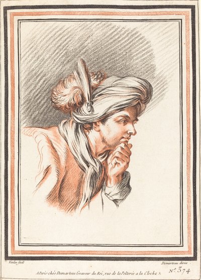 Kopf eines Mannes mit Federkopfbedeckung von Atelier of Gilles Demarteau the Elder after Carle Van Loo