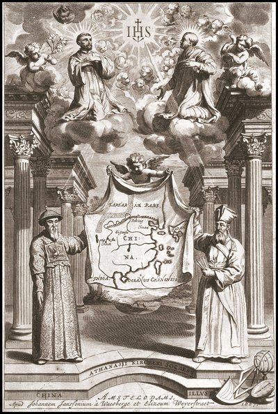 Adam Schall (links) und Matteo Ricci (rechts) in chinesischer Mandarin-Kleidung, Frontispiz von „China“ von Athanase Kircher (oder Athanasius Kircheri) von Athanasius Kircher