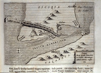 Kartografische Darstellung von Charybdis und Scylla in der Straße von Messina, Sizilien. Gravur aus „Mundus Subterraneus“ von Athanasius Kircher (1601-1680), Jesuit, Orientalist und Gelehrter 1682 von Athanasius Kircher