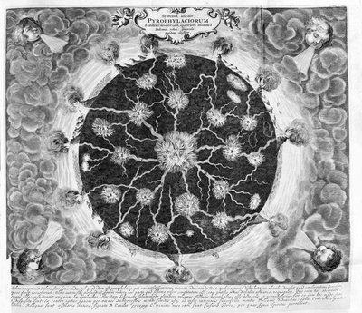 Querschnitt der Erde, der das zentrale Feuer, Feuerherde und Vulkane zeigt, aus einem Kupferstich von Athanasius Kirchers „Mundus subterraneus“ von Athanasius Kircher