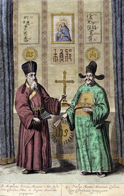 Porträt von Matteo Ricci (links), italienischer Jesuit und Paul Ly, großer Verbreiter des christlichen Glaubens in China, Gravur aus „De China monumenta“ von Athanasius Kircher (1601-1680), Jesuit, deutscher Orientalist und Gelehrter von Athanasius Kircher