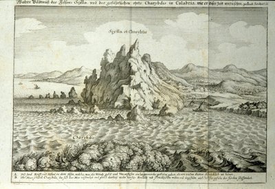 Ansicht der Felsen von Charybdis und Scylla in der Straße von Messina, Sizilien. Gravur aus „Mundus Subterraneus“ von Athanasius Kircher (1601-1680), Jesuit, Orientalist und Gelehrter 1682 von Athanasius Kircher