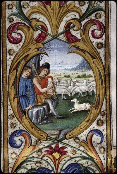 Missel de Thomas James: Detail eines Randmedaillons: Hirten. von Attavante degli Attavanti