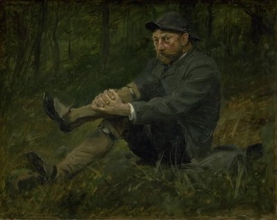 Der Architekt Thorvald Bindesbøll in einem Tannenwald auf Kullen von August Jerndorff