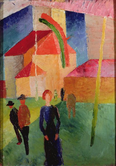 Kirche mit Fahnen geschmückt von August Macke