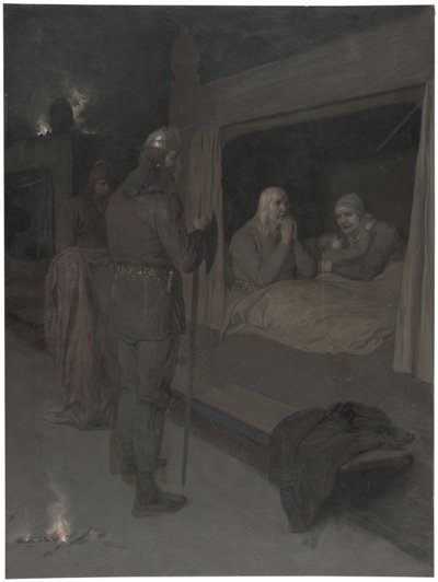 Njal, Bergthora und Thord Karisson beschließen, lebendig verbrannt zu werden. Illustration für Njals Saga, Kap. 129 von August Malmström