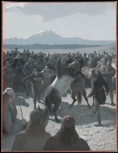 Der Pferdekampf bei Hlidarendi. Illustration für Njals Saga, Kap. 59 von August Malmström