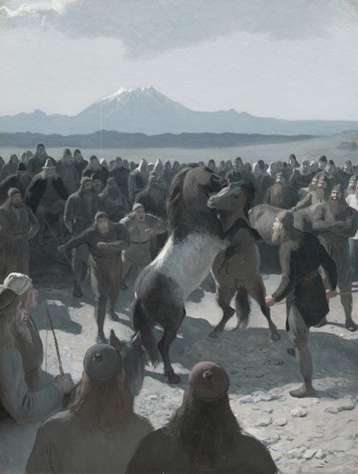 Die Geschichte von Burnt Njáll: Der Pferdekampf bei Hliðarendi, 1880er Jahre von August Malmström