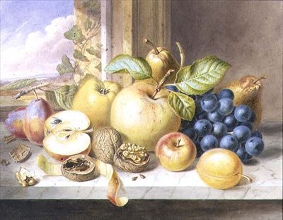Ein Stillleben mit Äpfeln, Trauben, Birnen, Pflaumen und Walnüssen auf einer Fensterbank von Augusta Innes Withers