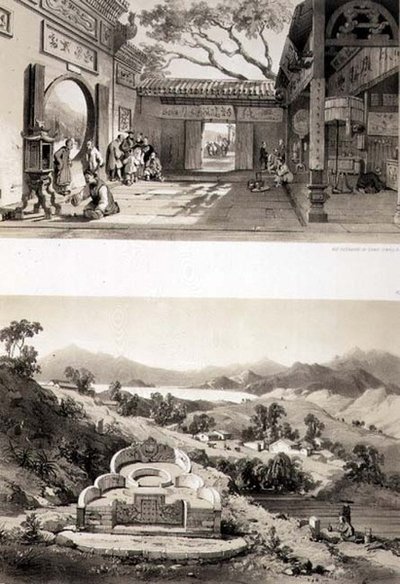 Innenansicht des Großen Tempels in Macao und ein Grab und Dorf zwischen den Buchten von Hongkong und Kowloon, Tafeln 8 und 7 aus 